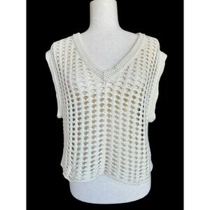 By Together Sleeveless Crochet Sweater Sz M/L Vintage Look Off‎ White Layering